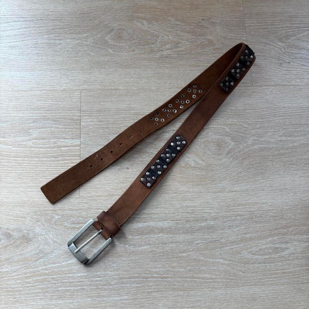 Vintage Genuine Leather Studded Grunge Western Belt Brown Silver Buckle